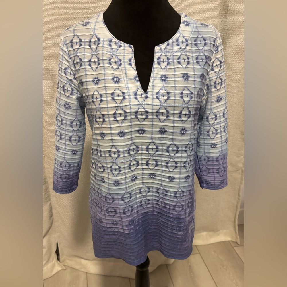 Coral Bay Womens 3/4 sleeve split neck blue blouse, #729